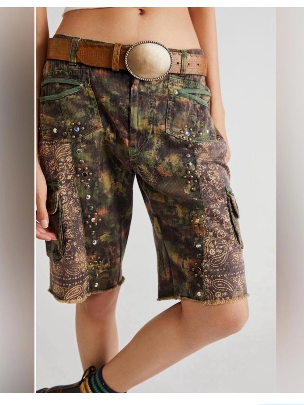 Free People Olive Green Brown Distressed Cargo Bermuda Shorts